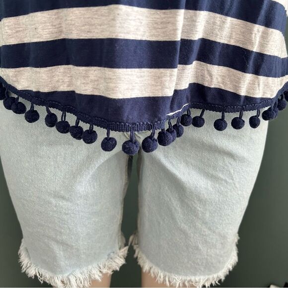 Cable & Gauge Blue and Gray Stripped Pom Pom Short Sleeve Shirt Size Small - Picture 2 of 7